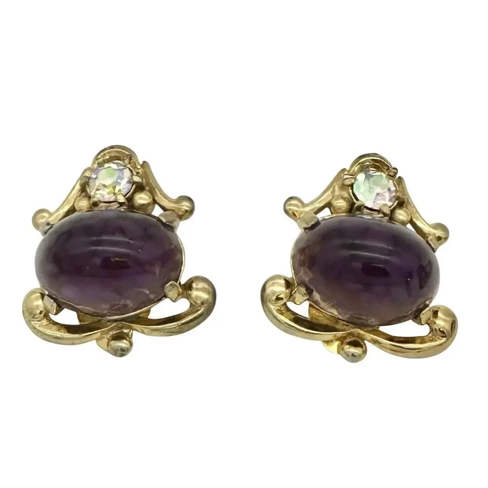 Schiaparelli Vintage Purple Cobachon Rare Bracelet and Earrings Set As Is - Picture 2 of 16